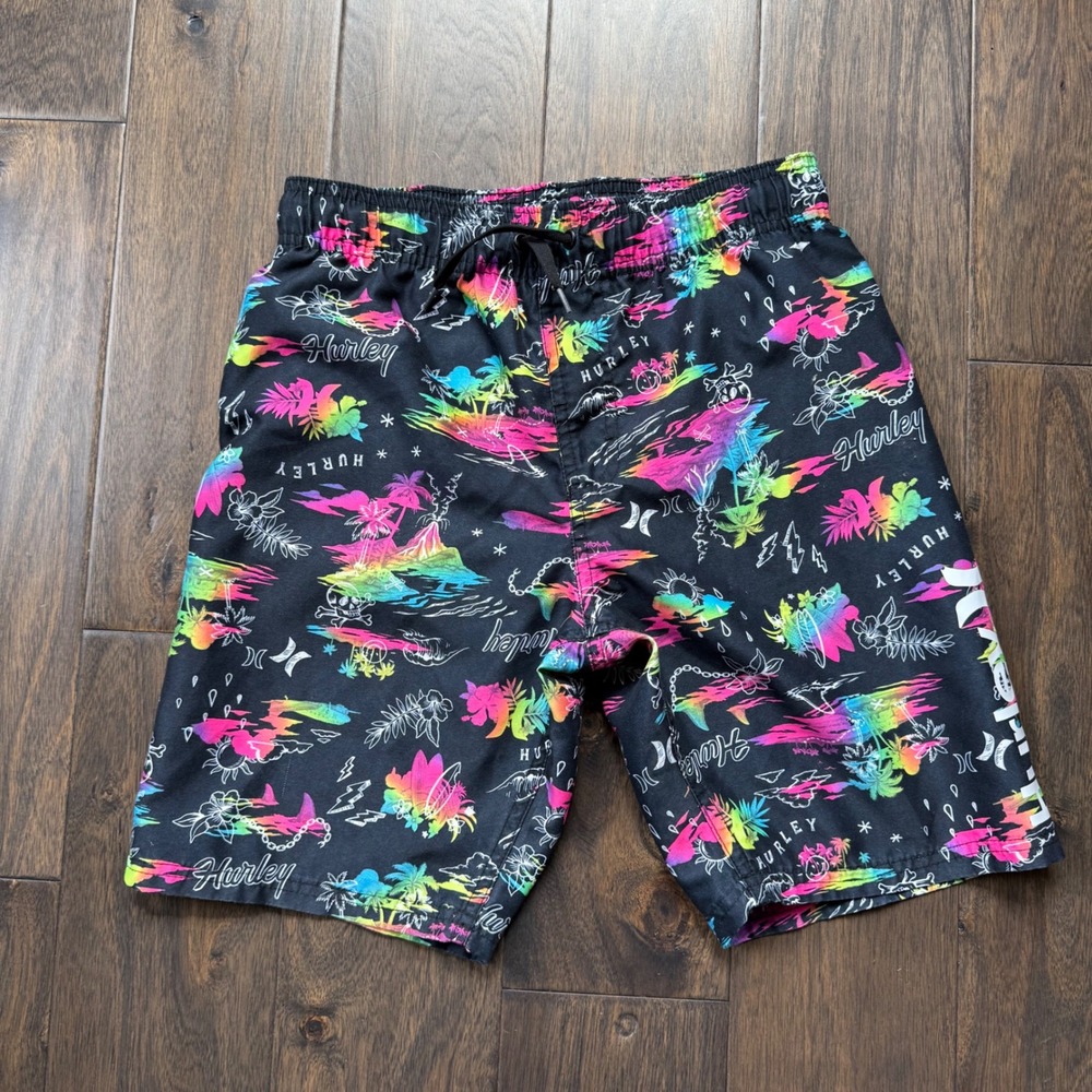 Hurley Board Shorts Kids Size M Black Neon Tropical Print Excellent Surf‎ Trunks
